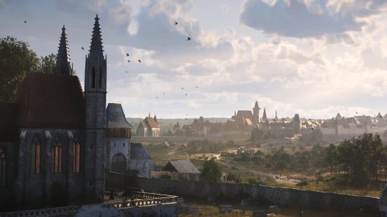 Kingdom Come Deliverance 2: A wide shot of a medieval city with church spires and and trees