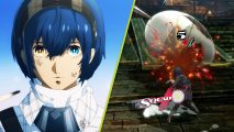 Metaphor ReFantazio livestream April 22: a blue-haired boy with heterochromia, next to a shot of them attacking a giant egg-like creature