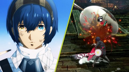 Metaphor ReFantazio livestream April 22: a blue-haired boy with heterochromia, next to a shot of them attacking a giant egg-like creature