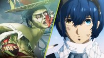 Metaphor ReFantazio release date confirmed: a giant ugly monster with a humanoid face next to the blue-haired protagonist