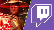 Mortal Kombat 1 Twitch drops: Dark Raiden with his purple lightning next to the Twitch logo