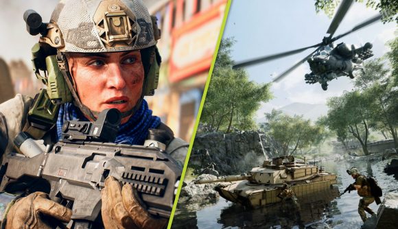 New Battlefield game: A split image showing a female soldier holding a gun in full military gear and a wide shot of soldiers, a tank, and a helicopter crossing over a river