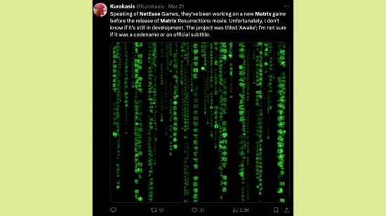 New Matrix Game leaks: An image of Kurakasis talking about The Matrix Awake.
