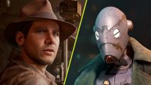 New Xbox games: A split image showing Indiana Jones in his iconic brown hat and jacket and a grey droid from Star Wars Outlaws