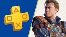 PS Plus free games: The yellow PS Plus logo on a blue background next to a man wearing futuristic fantasy armor and with blue markings on his face