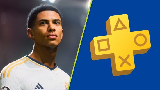 Free PS Plus games: A split image showing Jude Bellingham in a white Real Madrid kit and the yellow PS Plus logo on a blue background