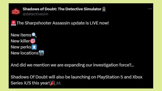 Shadows of Doubt PS5 Xbox: An image of the Shadows of Doubt PS5 Xbox announcement.