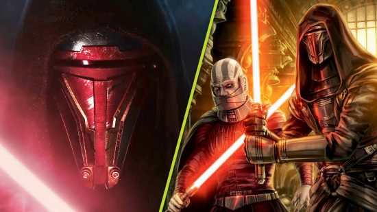 Star Wars Knights of the Old Republic remake alive Embracer sale: two Sith lords, one hooded wearing a mask, the other bald with markings