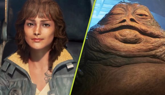 Star Wars Outlaws Jabba the Hutt mission: the brunette-haired Kay Vess wearing a steely-blue jacket, next to the slug-like Jabba the Hutt