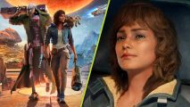 Star Wars Outlaws release date: A split image showing key art of Star Wars Outlaws and a close-up of protagonist Kay Vess looking off into the distnace