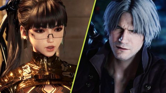 Stellar Blade combat: Eve wearing glasses and a gold outfit next to the silver-haired Dante