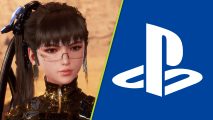 Eve wearing gold-rimmed glasses and a shiny, golden outfit, next to the PlayStation logo