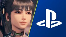 Stellar Blade reviews: the brunette-haired Eve nex to the PlayStation logo