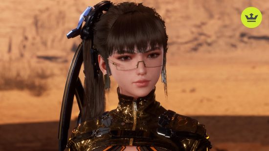 Stellar Blade tips: Eve wearing glasses and a gold outfit