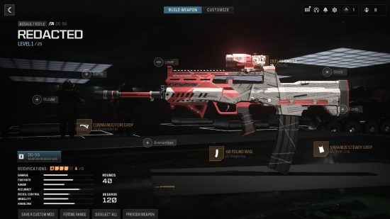 Warzone Rebirth Island easter egg: A screenshot from the gunsmith menu showing the Redacted blueprint in COD Warzone