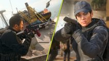 Warzone Season 3 easter egg: A split image showing a male soldier in black gear firing a gun with a dock in the background and a close up of a female soldier holding a pistol