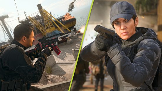 Warzone Season 3 easter egg: A split image showing a male soldier in black gear firing a gun with a dock in the background and a close up of a female soldier holding a pistol