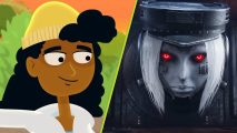 WASD 2024: A cartoon girl with black curly hair and a yellow beanie hat, next to a sinister woman with silver hair and glowing read eyes