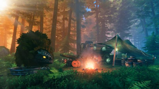Xbox exclusives: A camp with a fire in the centre that's been set up in the middle of a forest. A dinosaur-like creature with leaves instead of spines stands next to the camp