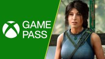 Xbox Game Pass April: A white Game Pass logo on a green background next to Lara Croft wearing here iconic blue top
