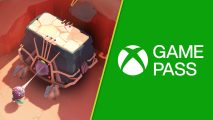 Xbox Game Pass Cocoon: a tiny bug pulling a large rock next to the Game Pass logo