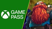Xbox Game Pass Core games: A split image showing the white logo of Xbox Game Pass on a green background and a ginger-bearded miner from Deep Rock Galactic