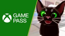 Xbox Game Pass May 2024 wave 1: a cute black cat with green eyes next to the Game Pass logo