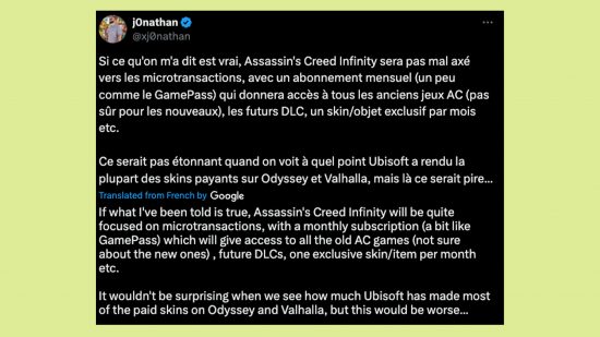 Assassin's Creed Infinity: An image of xj0nathan on social media.
