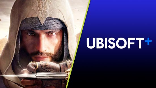 Assassin's Creed Infinity: An image of Basim in Asassin's Creed Mirage and the Ubisoft+ Logo.