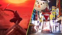Assassin's Creed Shadows release date: a ninja on top of a rooftop next to a shot of a shrine in Tokyo
