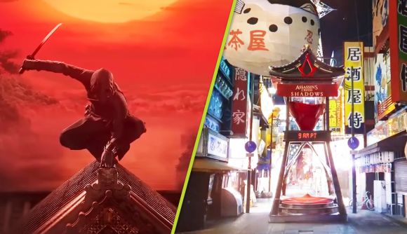 Assassin's Creed Shadows release date: a ninja on top of a rooftop next to a shot of a shrine in Tokyo