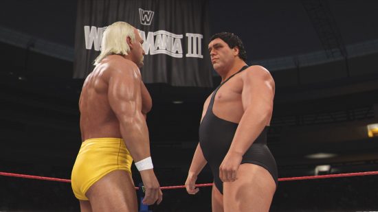 Best sports games: two wrestlers face each other down in the ring