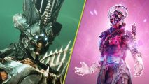 Destiny 2 expansions free: A split image showing the spiny alien creature Savathun from Destiny 2 and a Guardian radiating glowing pink energy