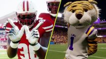 EA Sports College Football 25 pre-orders: An image of a College Football player emoting and a mascot on the field.
