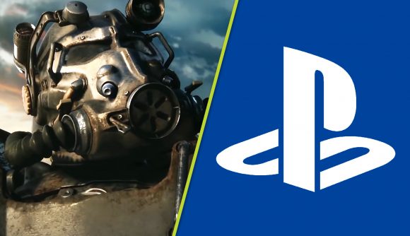 Fallout 4 PS Store sale Skyrim Bethesda bundle: a suit of power armor looking updwards, next to the PlayStation logo