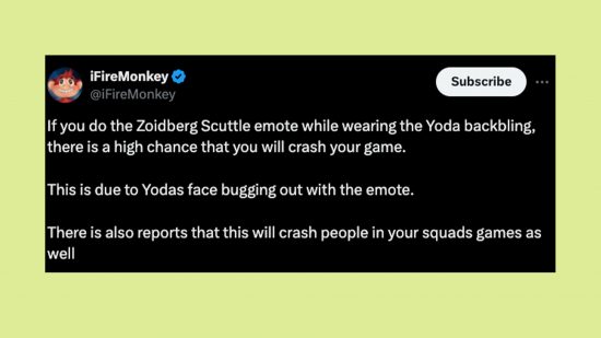 Fortnite Yoda Back Bling bug: An image of iFireMonkey on social media.