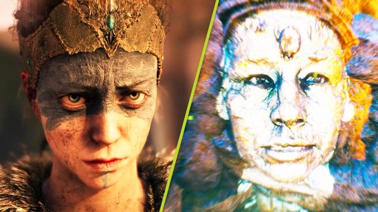 Hellblade 2 psychosis: Senua with her blue face markings next to a talking rock face