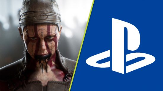 Hellblade 2 Xbox to PS5 rumor Hi-Fi Rush: Senua with plum-colored face markings nex to the PlayStation logo