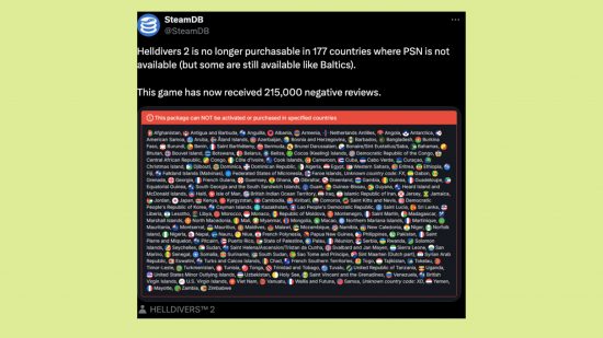 Helldivers 2 removed from PSN: An image of the 177 countries where Helldivers 2 was removed from PSN.