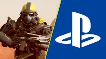 Helldivers 2 delisted PSN: an image of a helldiver in helldivers 2 and the playstation logo.