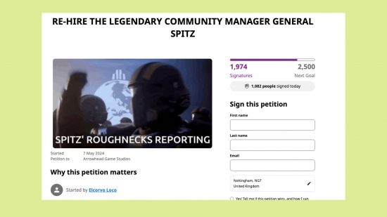 Helldivers 2 spitz petition: An image of the petition to rehire helldivers 2 community manager spitz.