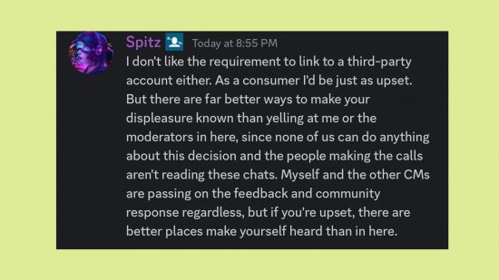Helldivers 2 Spitz discord: An image of community manager Spitz in the Helldivers 2 Discord server.