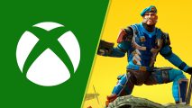 Hypercharge Xbox: a split image showing a white xbox logo on a green background and a n action figure striking a pose
