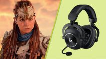 A split image showing Aloy from Horizon Forbidden West and a black headset set against a light green background