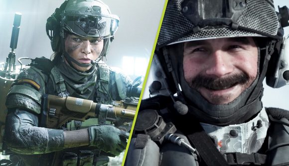 Battlefield EA Earnings Call: An image of a Battlefield 2042 operator and Captain Price smiling in Call of Duty MW3.