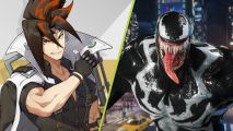 Playstation showcase predictions: A split image showing a muscular cartoon man with spiked black and red hair and a high collared jacket, and a snarling Venom from Spider-Man