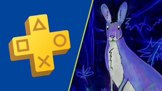 PS Plus Animal Well: A yellow PS Plus symbol on a blue background next to a hand drawn kangaroo