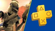 PS Plus Star Wars The Clone Wars: An image of a Stormtrooper in Star Wars The Clone Wars on PS2 and the PS Plus logo.