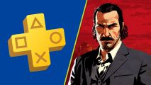 RDR2 PS Plus: A split image showing a yellow PS Plus logo on a blue background and artwork of a man in a black suit set against a red background