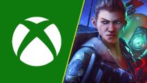 Xbox closes Redfall Hi-Fi Rush: A woman glares angrily while wearing a leather jacket, with a robot with a glowing eye behind her. A white Xbox logo on a green background is next to her